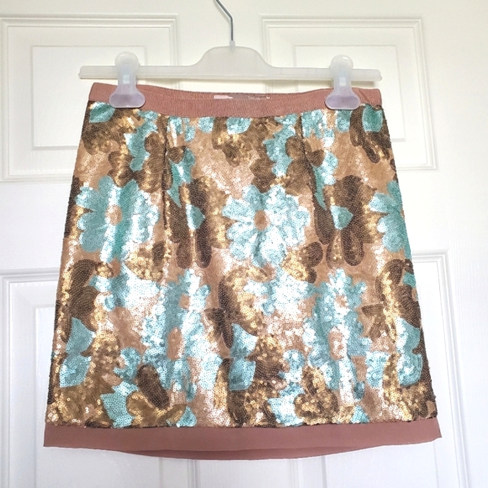 Forever 21 sequin flowers floral print short mini skirt size Small S blue tan